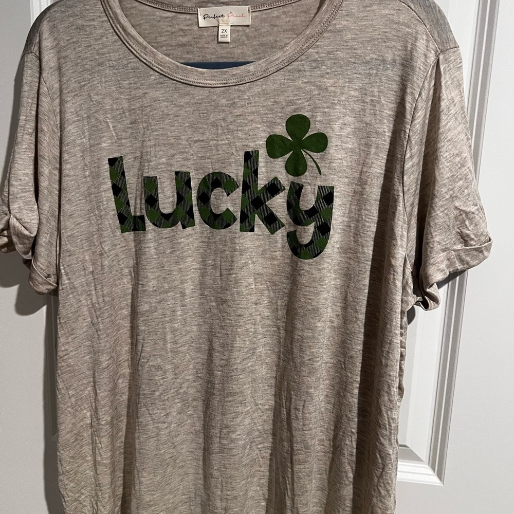 Perfectly Plaid "Lucky" Short Sleeve Tee - Taupe/Green - Privacy Please